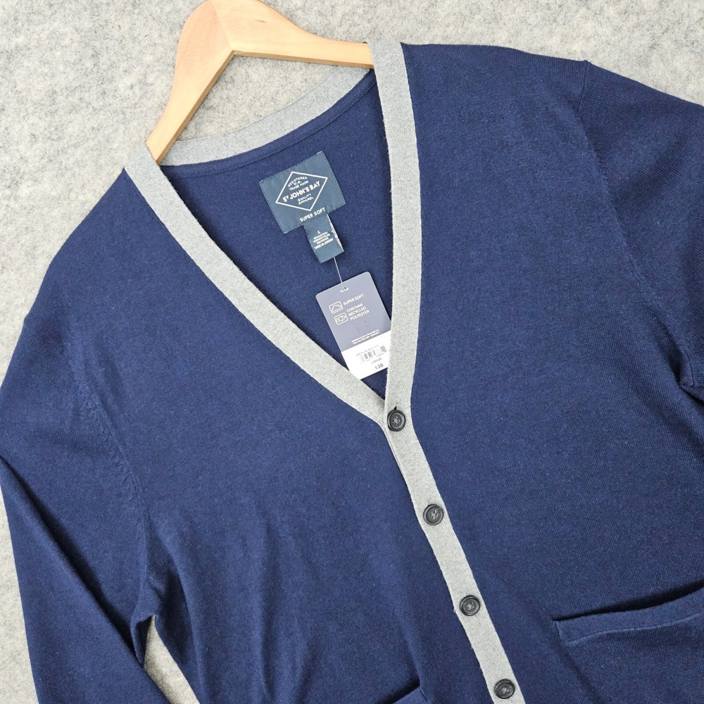 NEW St Johns Bay Cardigan‎ Men's Navy Blue Large Super Soft V-Neck Contrast Trim